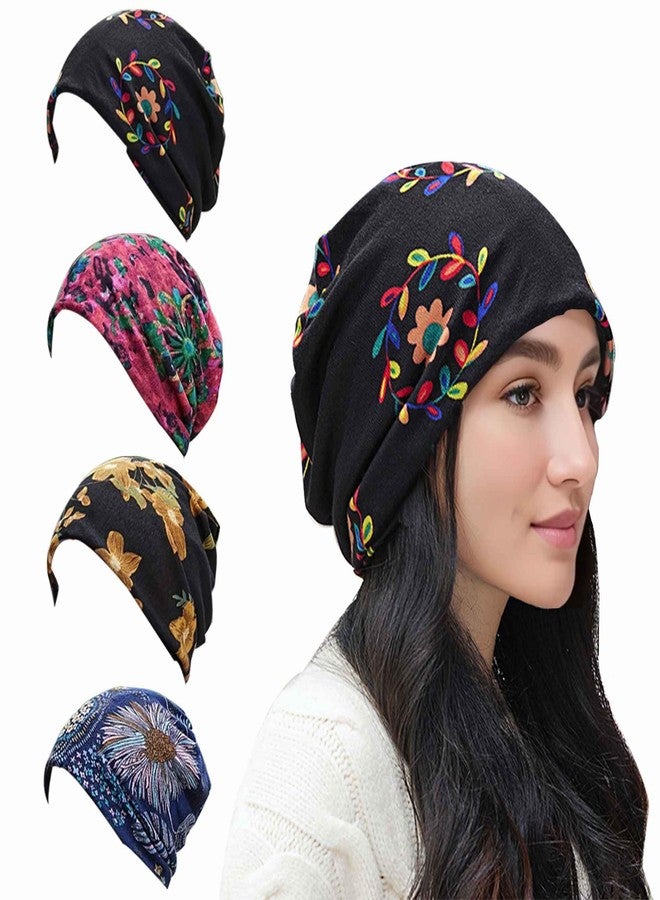 Winatehr 4PCS headwear beanie cap hat for women chemo, slouchy ponytail hat beanie, rave scarf neck facemask gaiter, winter hippie floral head wraps, fashion boho hair accessories cancer care gifts - Image 1